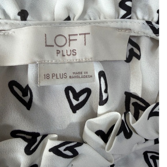 Loft Plus Womens 18 Plus White Black Heart Print Ruffle Neck Tie Back Blouse - Picture 3 of 6